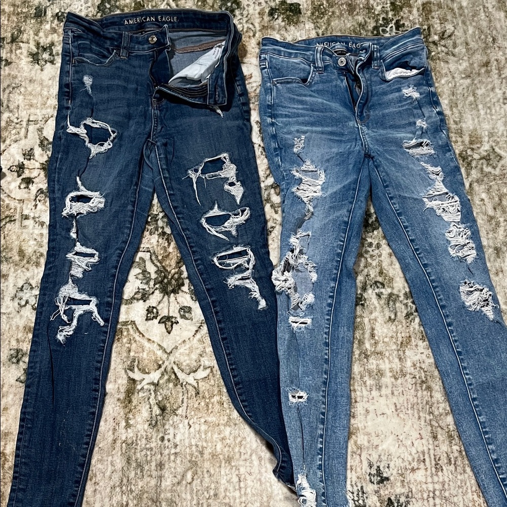 American Eagle Outfitters Women's Ripped Skinny Jeans - Navy and Light Blue